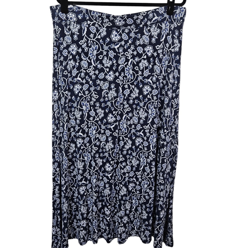Westport Blue White Floral Print Rayon Stretch Knit Maxi Skirt Size 1X